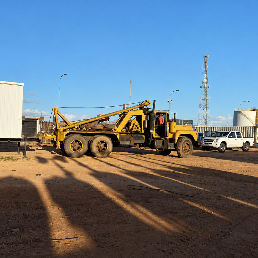 Equipo móvil amarillo en un área exterior de trabajo.