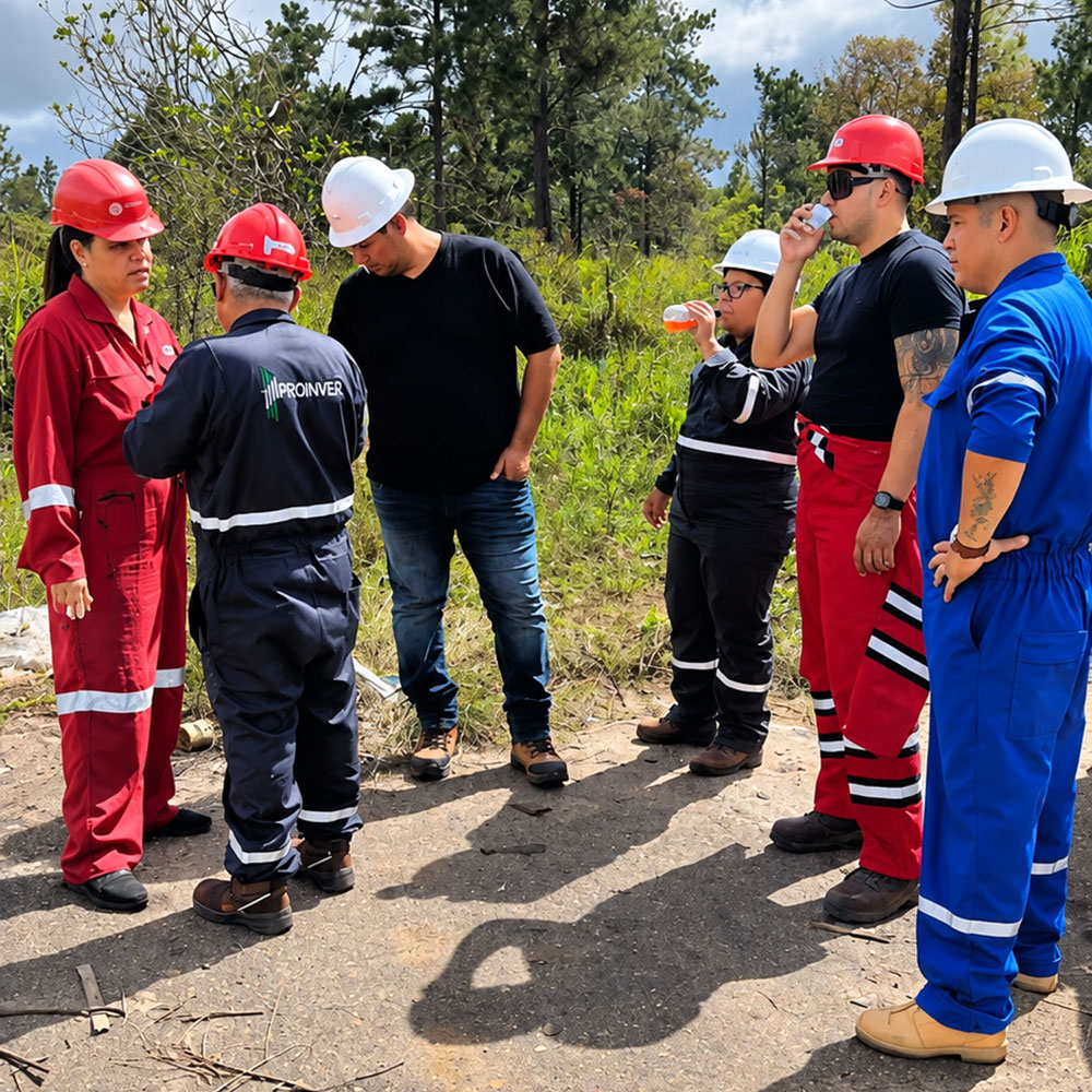 Grupo de personas con equipo de protección reunido en un área de trabajo exterior.